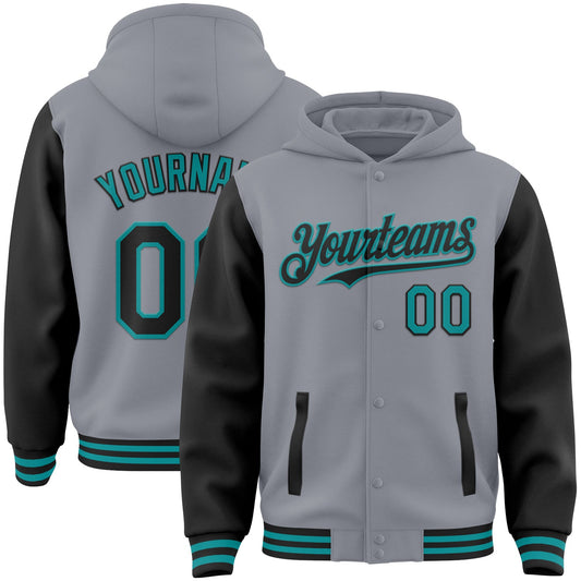 Custom Gray Black-Teal Bomber Full-Snap Varsity Letterman Two Tone Hoodie Jacket - Main View