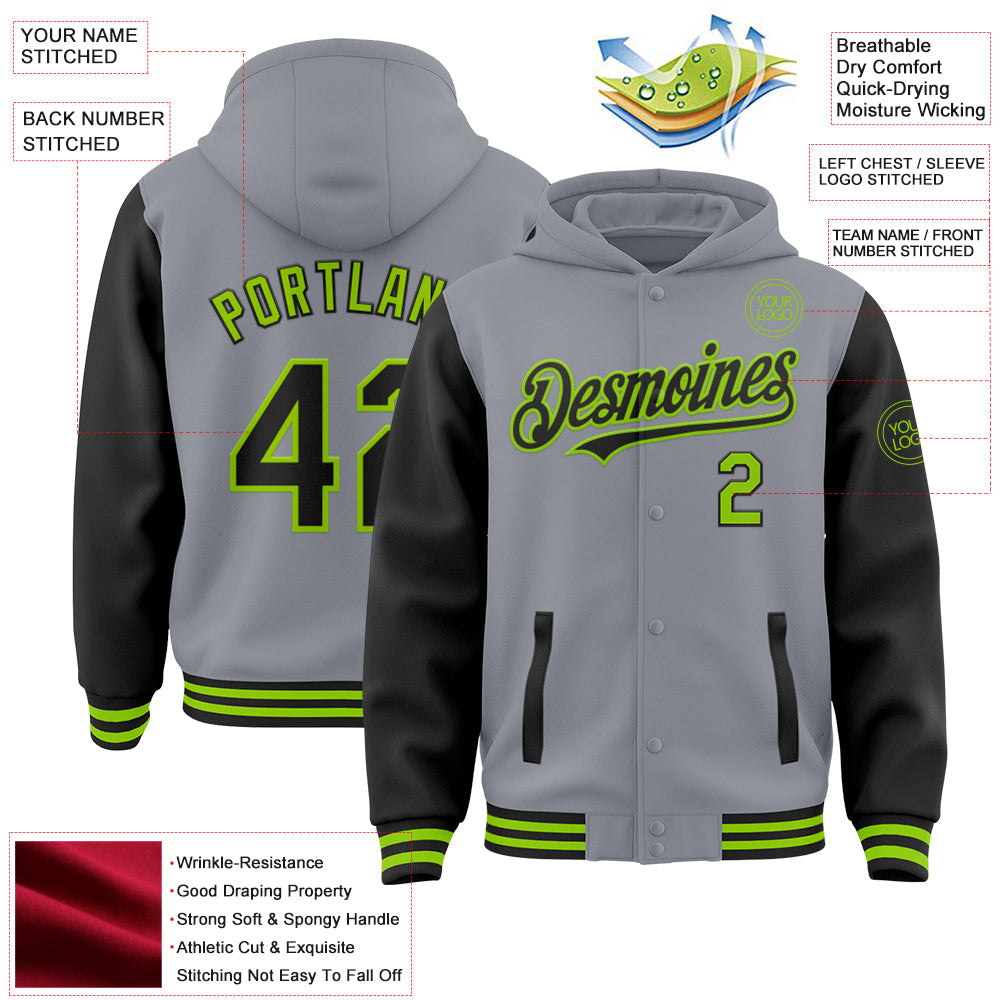 Custom Gray Black-Neon Green Bomber Full-Snap Varsity Letterman Two Tone Hoodie Jacket view 3