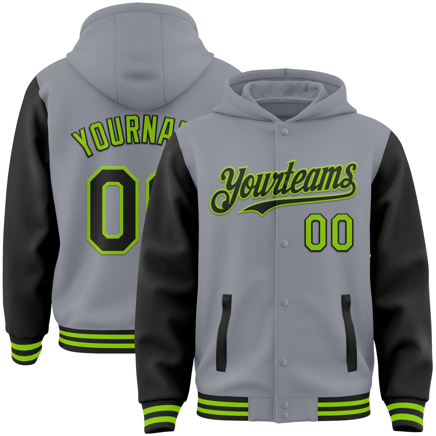 Custom Gray Black-Neon Green Bomber Full-Snap Varsity Letterman Two Tone Hoodie Jacket - Main View