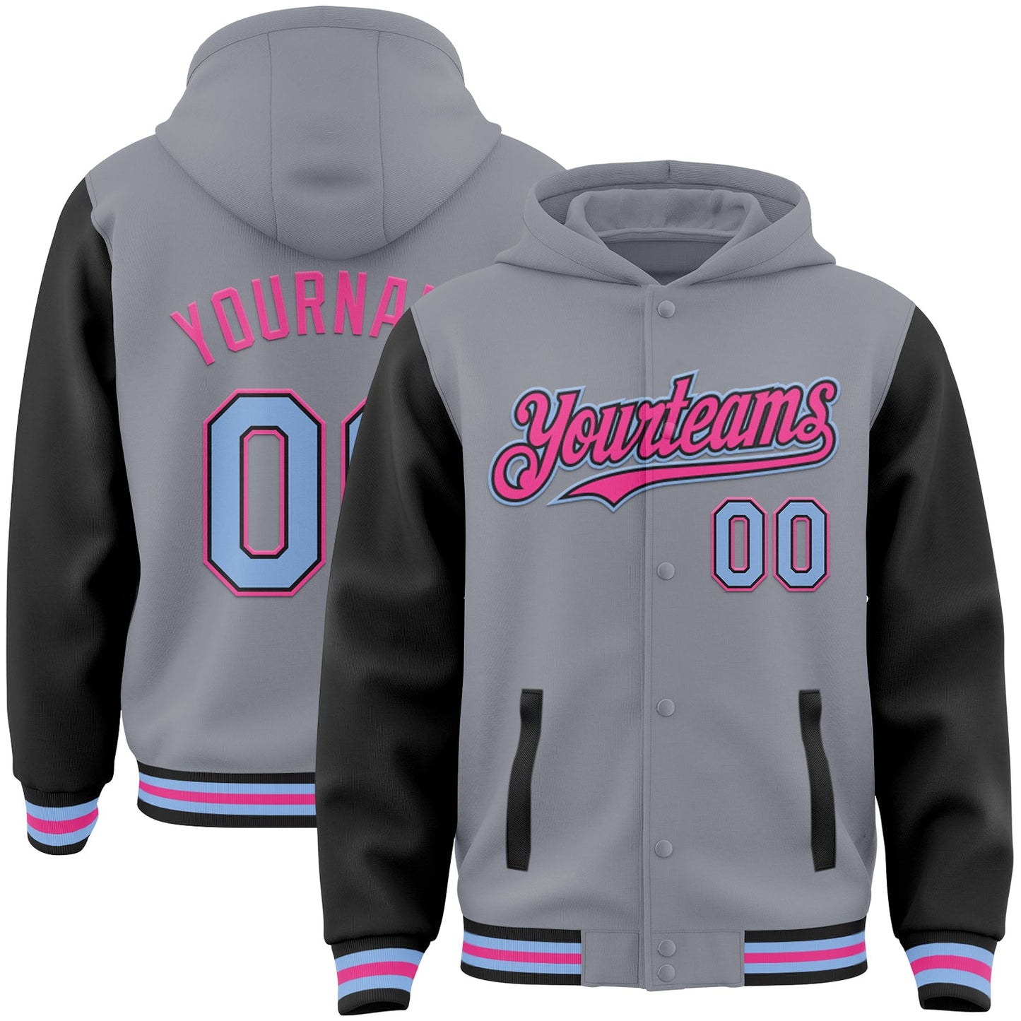 Custom Gray Light Blue Black-Pink Bomber Full-Snap Varsity Letterman Two Tone Hoodie Jacket - Main View