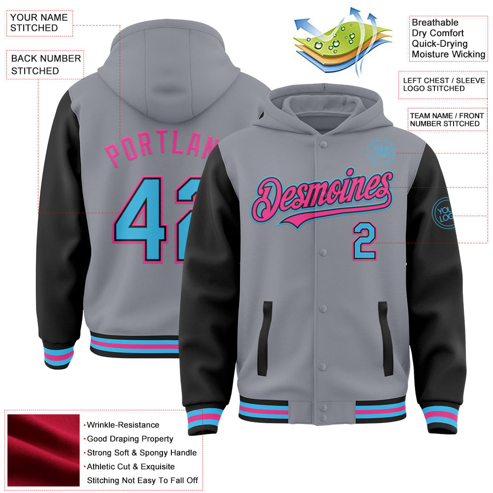 Custom Gray Sky Blue Black-Pink Bomber Full-Snap Varsity Letterman Two Tone Hoodie Jacket view 3