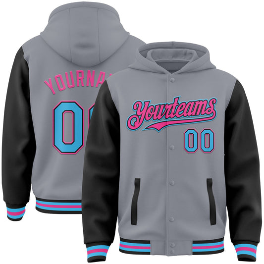 Custom Gray Sky Blue Black-Pink Bomber Full-Snap Varsity Letterman Two Tone Hoodie Jacket - Main View