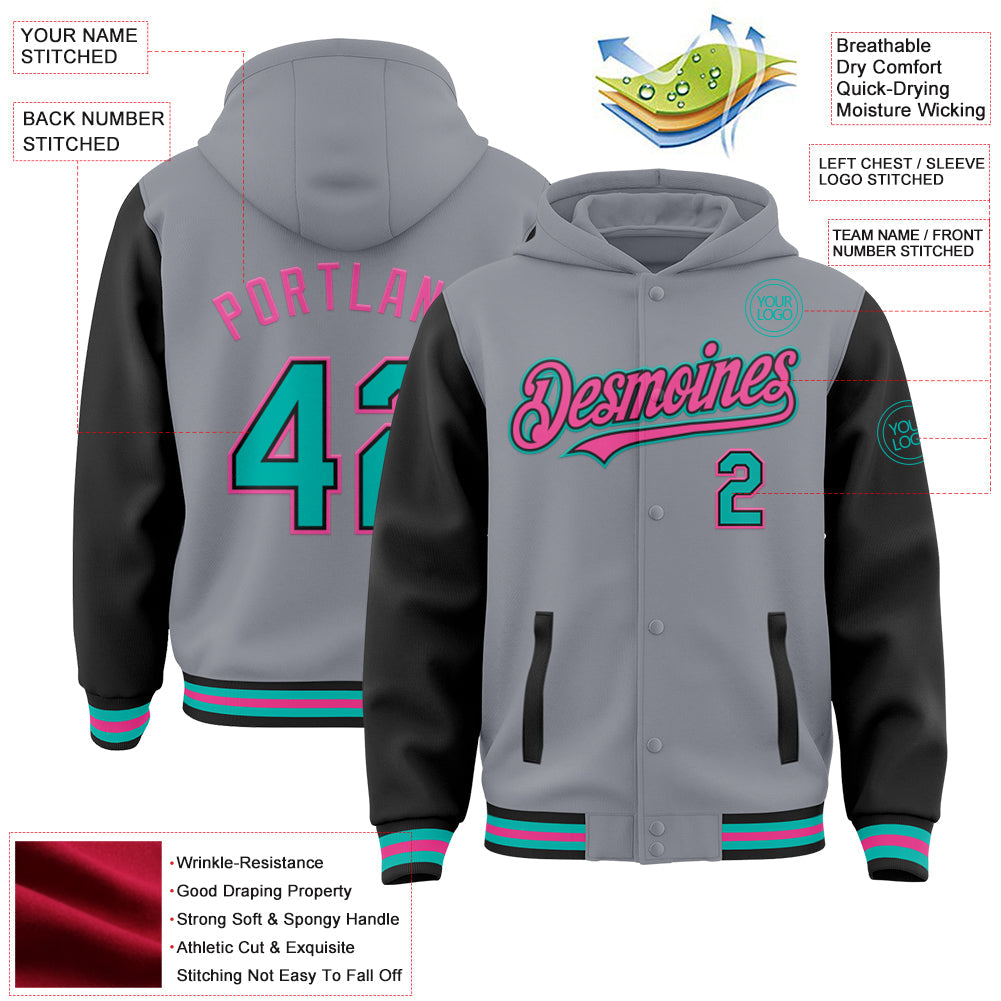 Custom Gray Aqua Black-Pink Bomber Full-Snap Varsity Letterman Two Tone Hoodie Jacket view 3