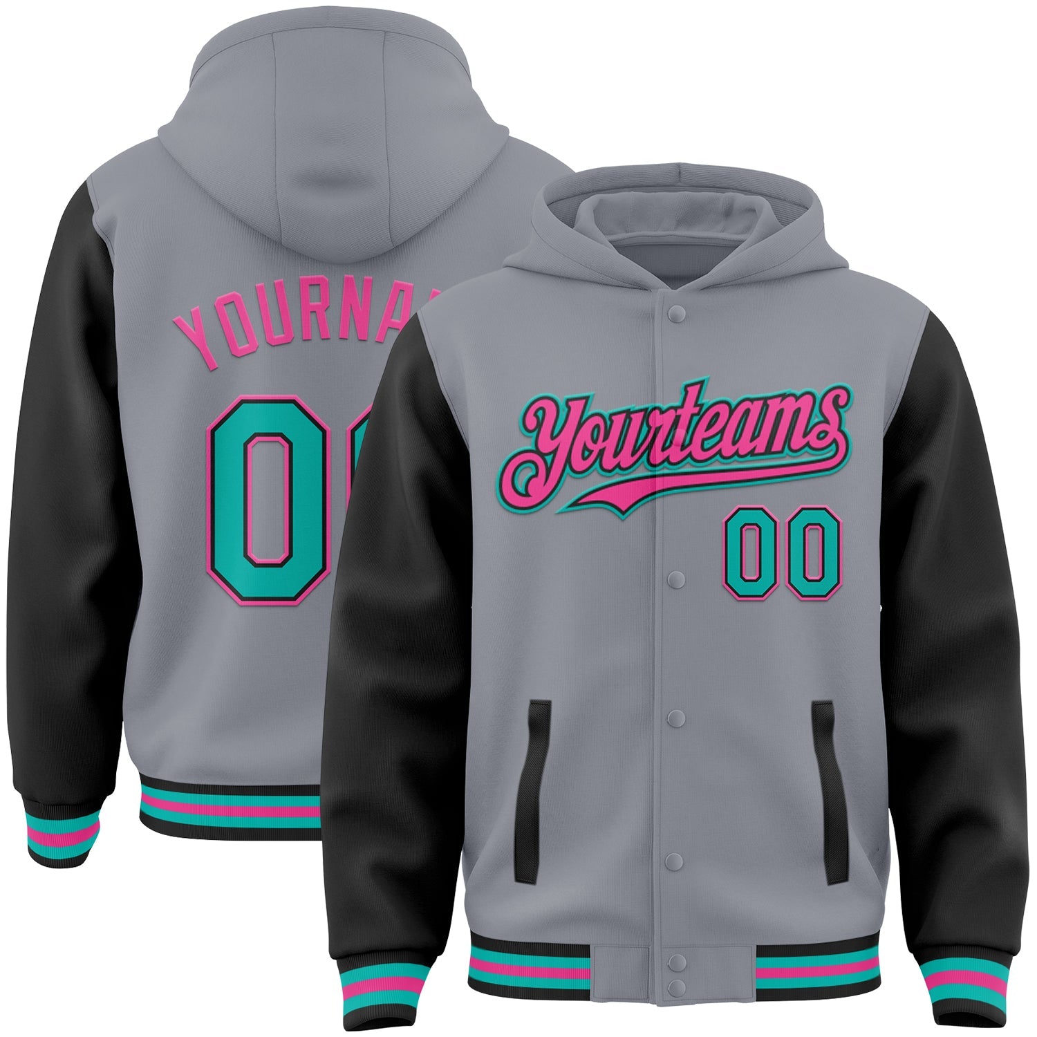 Custom Gray Aqua Black-Pink Bomber Full-Snap Varsity Letterman Two Tone Hoodie Jacket - Main View