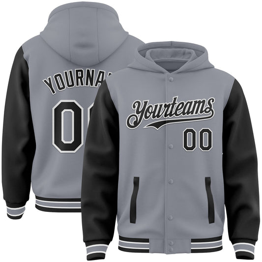 Custom Gray Black-White Bomber Full-Snap Varsity Letterman Two Tone Hoodie Jacket - Main View