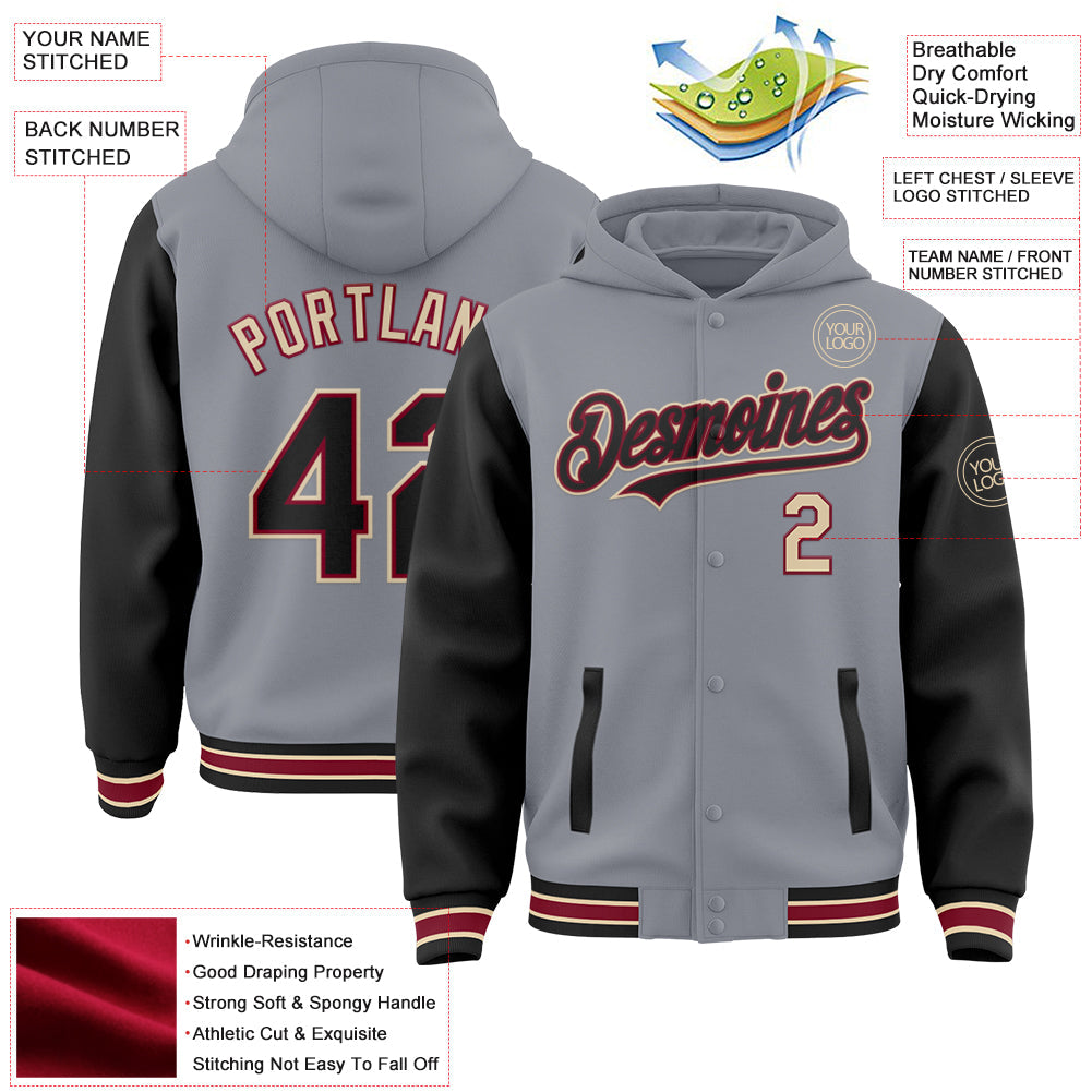 Custom Gray Black Crimson-City Cream Bomber Full-Snap Varsity Letterman Two Tone Hoodie Jacket view 3