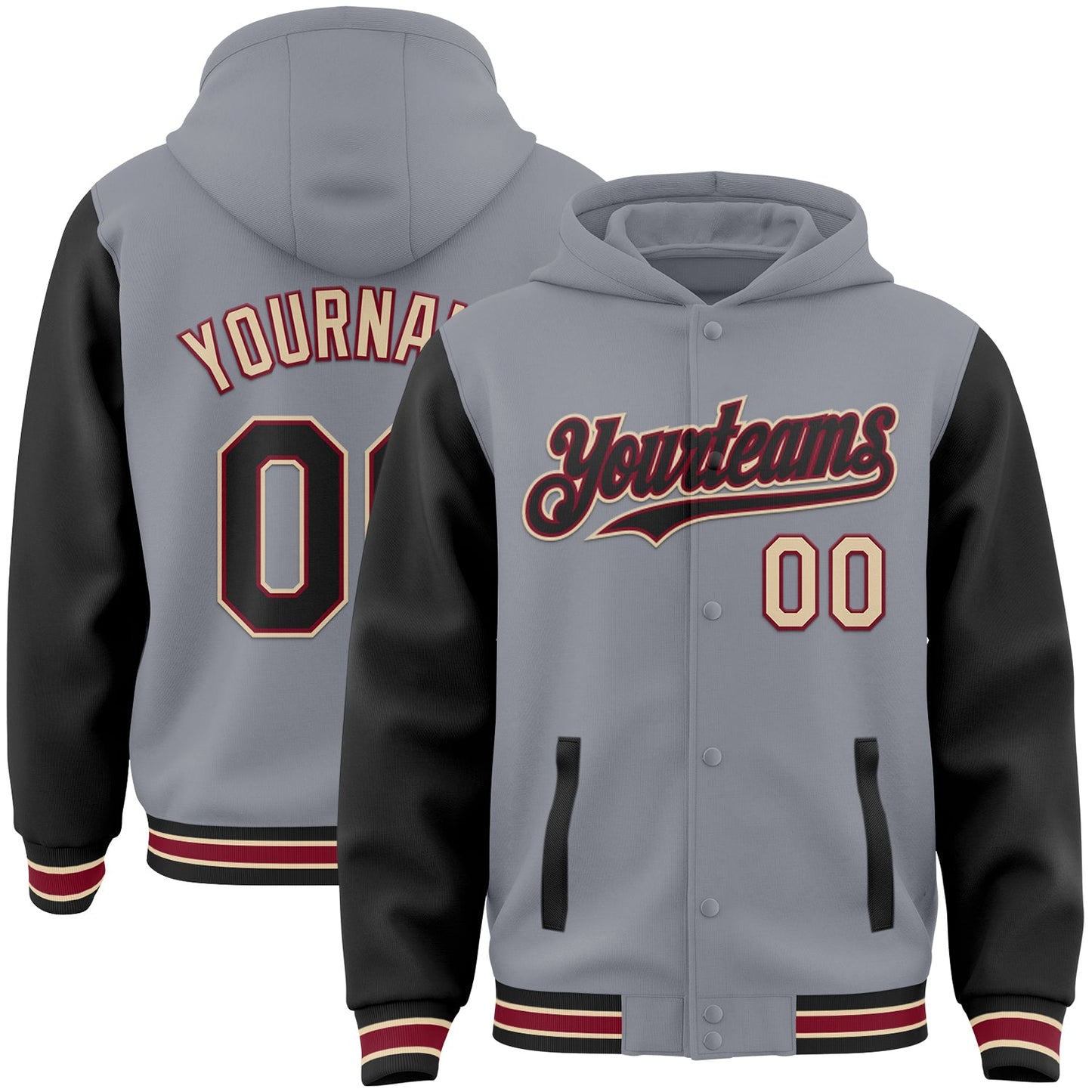 Custom Gray Black Crimson-City Cream Bomber Full-Snap Varsity Letterman Two Tone Hoodie Jacket - Main View