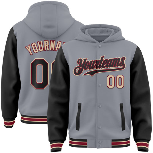 Custom Gray Black Crimson-City Cream Bomber Full-Snap Varsity Letterman Two Tone Hoodie Jacket - Main View