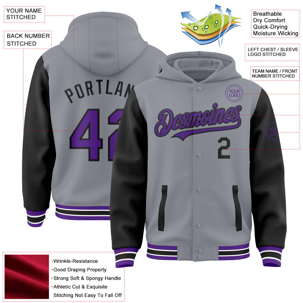 Custom Gray Purple-Black Bomber Full-Snap Varsity Letterman Two Tone Hoodie Jacket view 3
