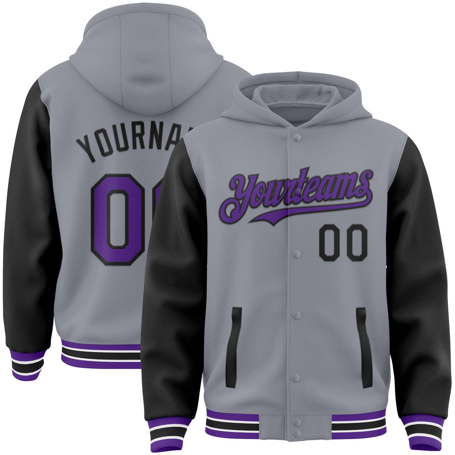 Custom Gray Purple-Black Bomber Full-Snap Varsity Letterman Two Tone Hoodie Jacket - Main View