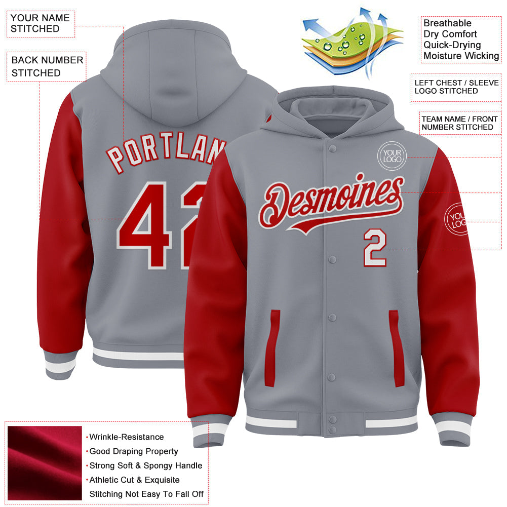 Custom Gray Red-White Bomber Full-Snap Varsity Letterman Two Tone Hoodie Jacket view 3