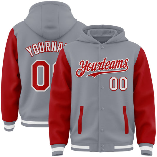 Custom Gray Red-White Bomber Full-Snap Varsity Letterman Two Tone Hoodie Jacket - Main View