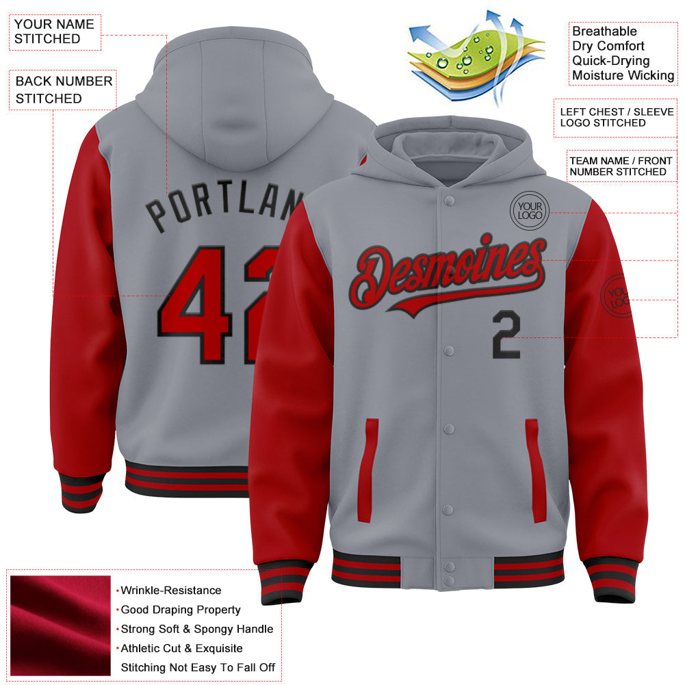 Custom Gray Red-Black Bomber Full-Snap Varsity Letterman Two Tone Hoodie Jacket view 3
