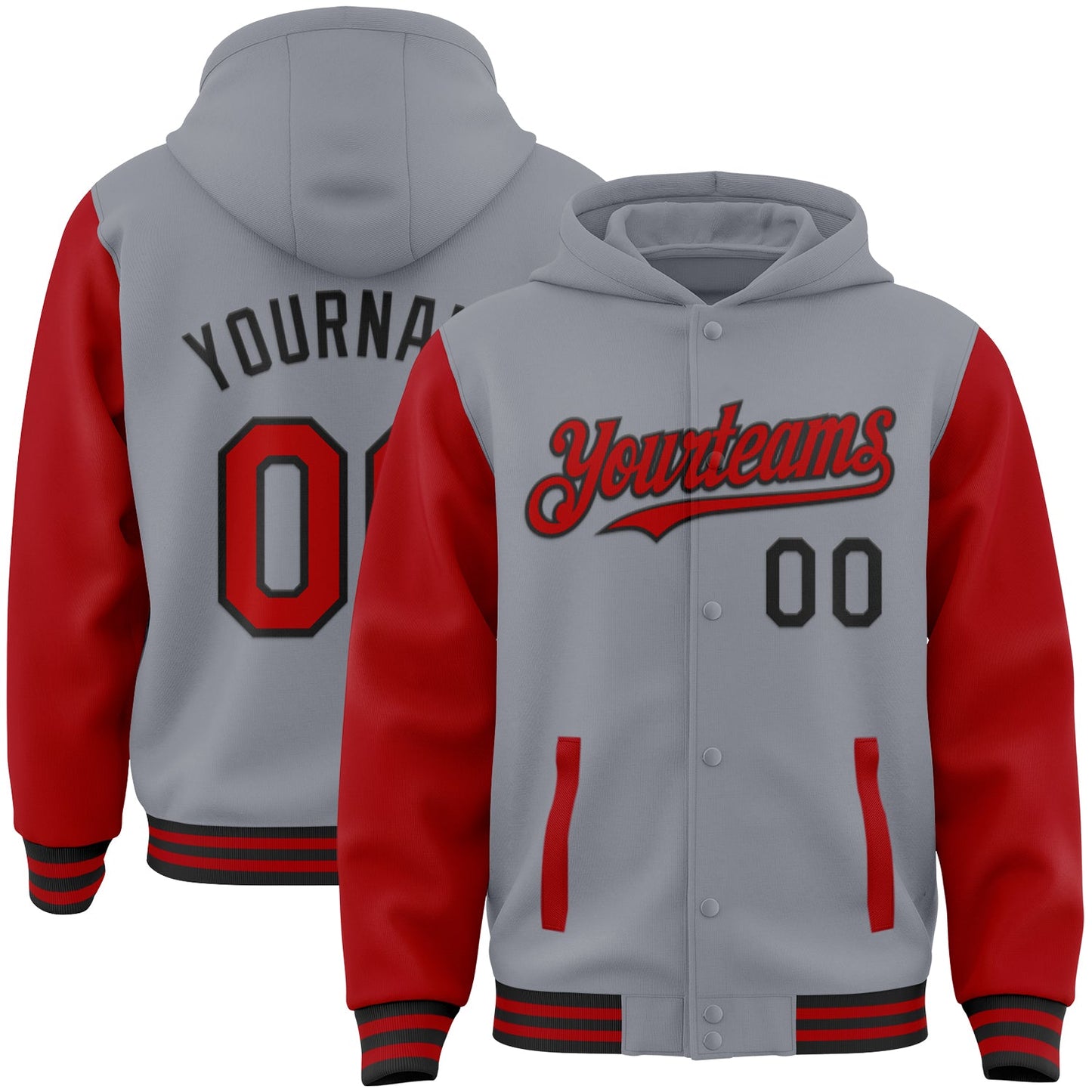Custom Gray Red-Black Bomber Full-Snap Varsity Letterman Two Tone Hoodie Jacket - Main View
