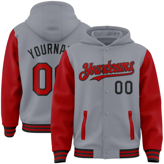 Custom Gray Red-Black Bomber Full-Snap Varsity Letterman Two Tone Hoodie Jacket - Main View