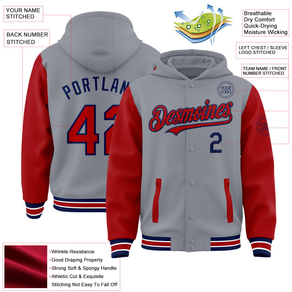 Custom Gray Red-Navy Bomber Full-Snap Varsity Letterman Two Tone Hoodie Jacket view 3