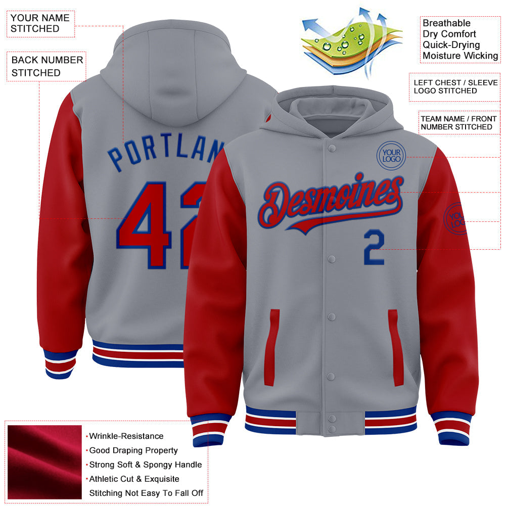 Custom Gray Red-Royal Bomber Full-Snap Varsity Letterman Two Tone Hoodie Jacket view 3
