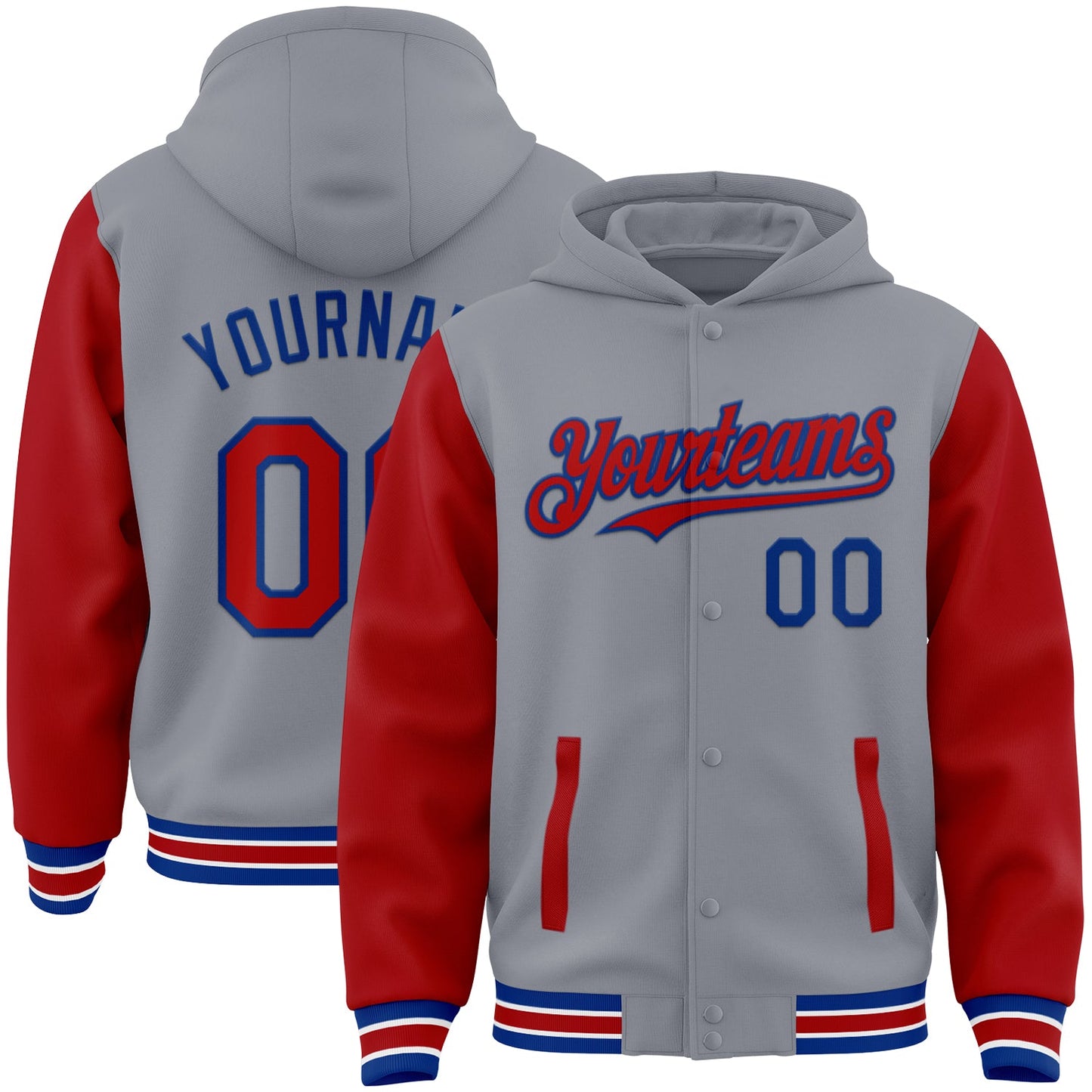 Custom Gray Red-Royal Bomber Full-Snap Varsity Letterman Two Tone Hoodie Jacket - Main View