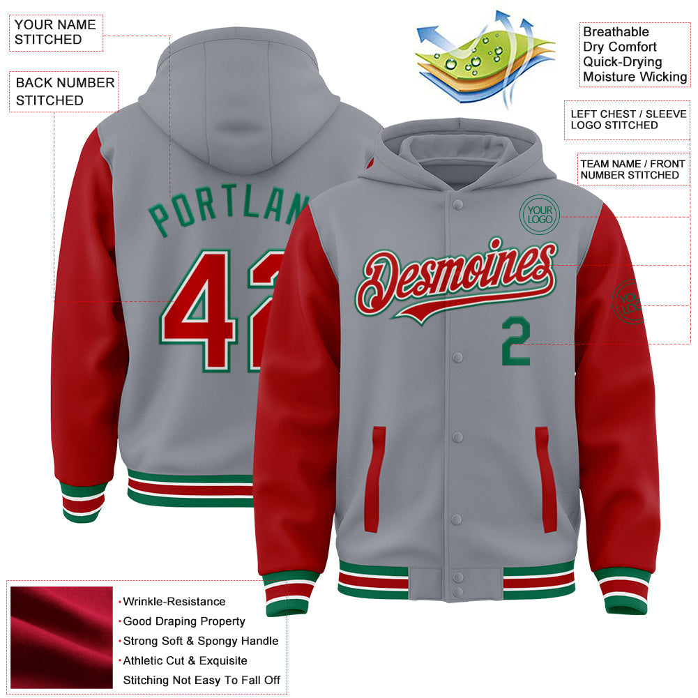Custom Gray Red-Kelly Green Bomber Full-Snap Varsity Letterman Two Tone Hoodie Jacket view 3