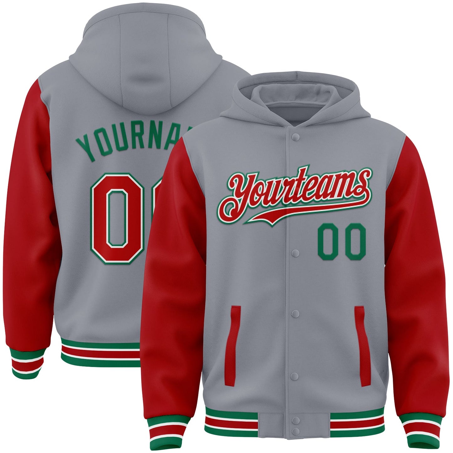 Custom Gray Red-Kelly Green Bomber Full-Snap Varsity Letterman Two Tone Hoodie Jacket - Main View