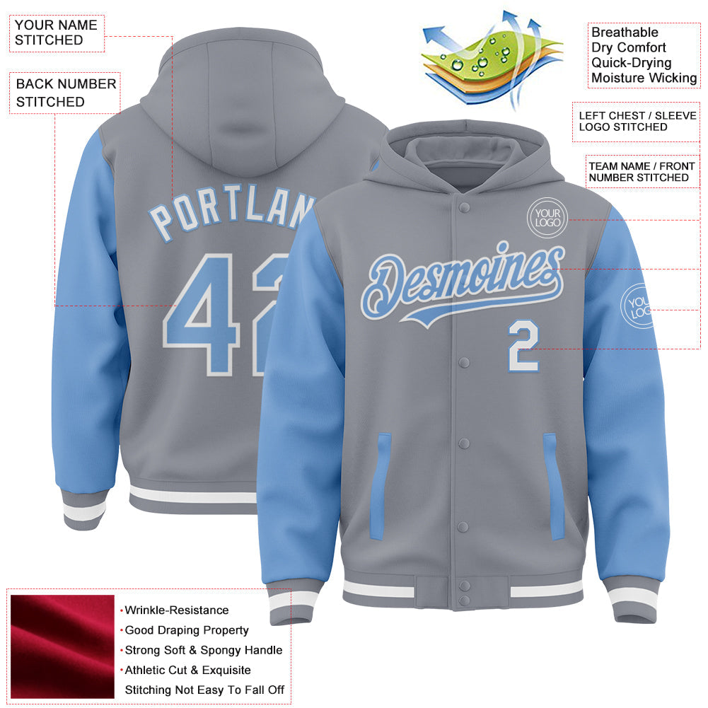 Custom Gray Light Blue-White Bomber Full-Snap Varsity Letterman Two Tone Hoodie Jacket view 3