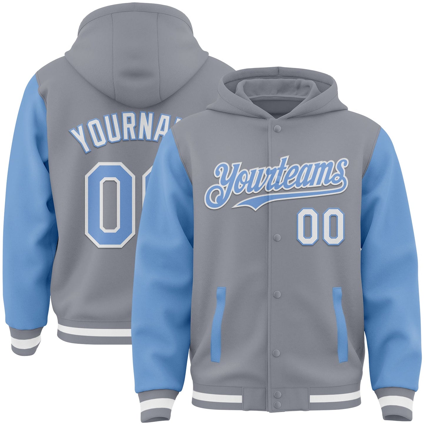Custom Gray Light Blue-White Bomber Full-Snap Varsity Letterman Two Tone Hoodie Jacket - Main View