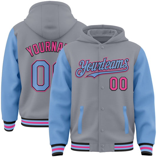 Custom Gray Light Blue Black-Pink Bomber Full-Snap Varsity Letterman Two Tone Hoodie Jacket - Main View