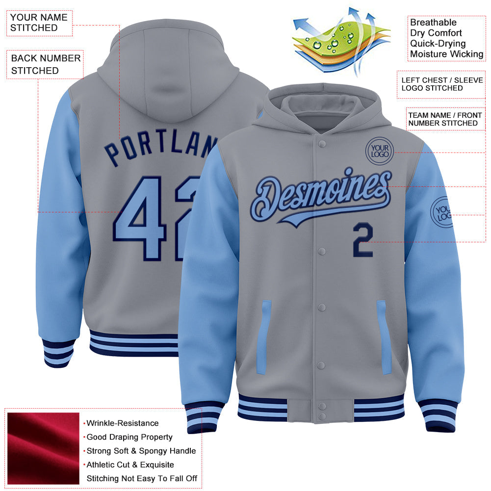 Custom Gray Light Blue-Navy Bomber Full-Snap Varsity Letterman Two Tone Hoodie Jacket view 3