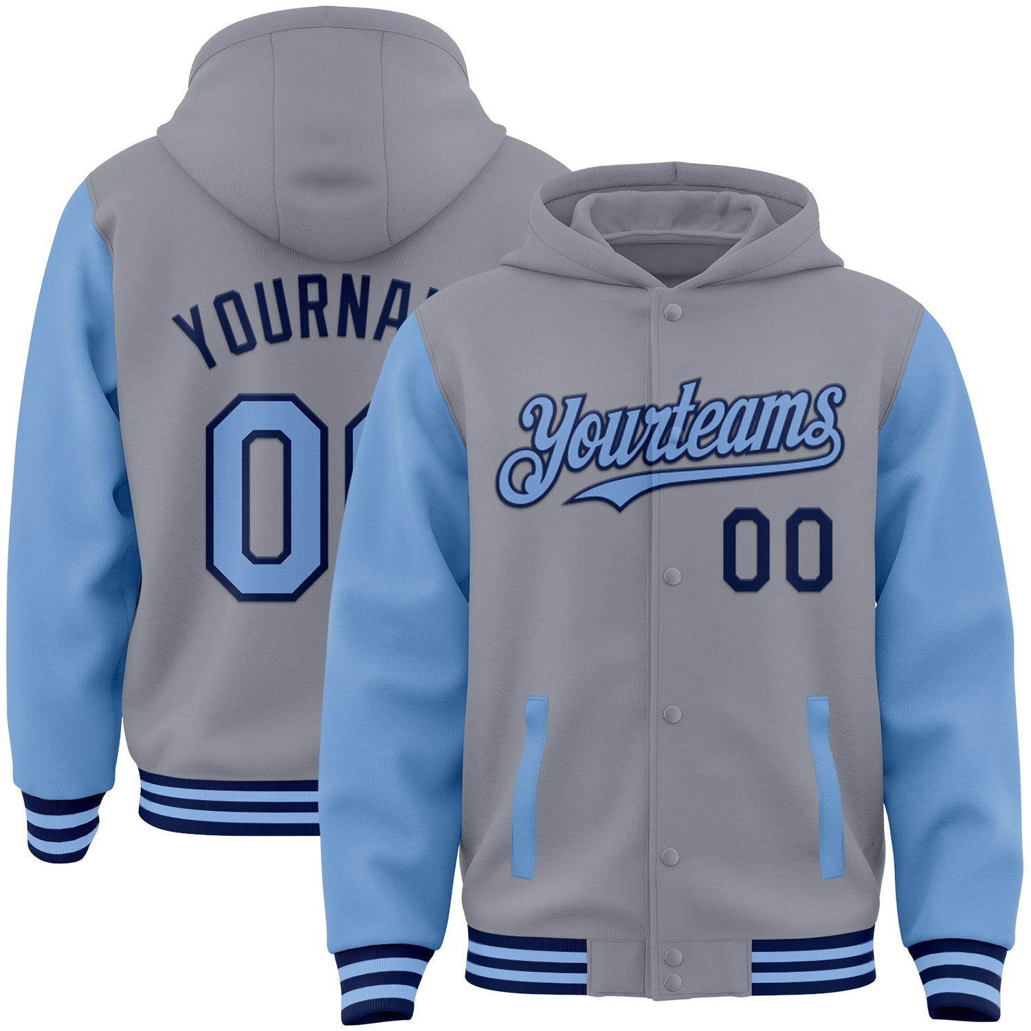 Custom Gray Light Blue-Navy Bomber Full-Snap Varsity Letterman Two Tone Hoodie Jacket - Main View