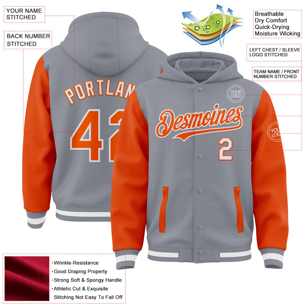 Custom Gray Orange-White Bomber Full-Snap Varsity Letterman Two Tone Hoodie Jacket view 3
