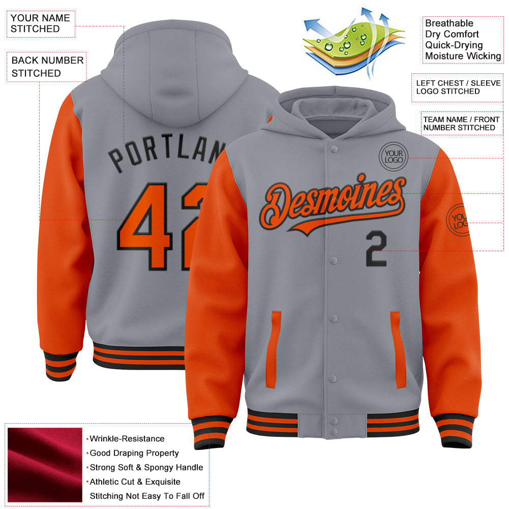 Custom Gray Orange-Black Bomber Full-Snap Varsity Letterman Two Tone Hoodie Jacket view 3