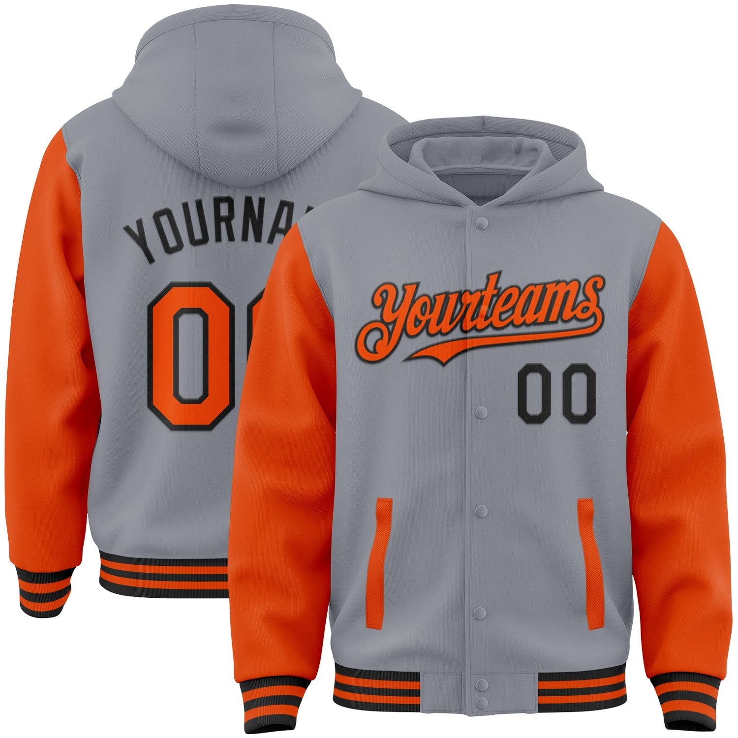 Custom Gray Orange-Black Bomber Full-Snap Varsity Letterman Two Tone Hoodie Jacket - Main View