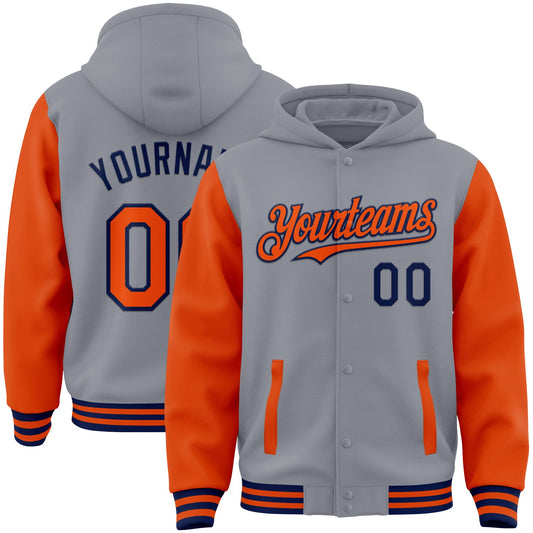 Custom Gray Orange-Navy Bomber Full-Snap Varsity Letterman Two Tone Hoodie Jacket - Main View