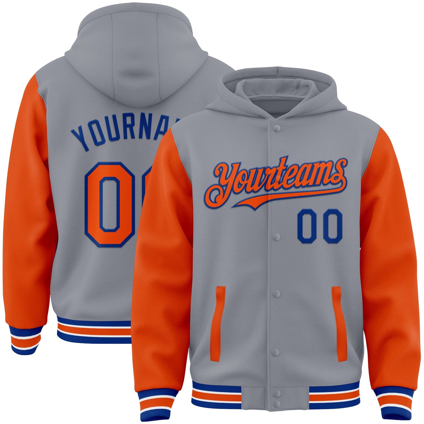 Custom Gray Orange-Royal Bomber Full-Snap Varsity Letterman Two Tone Hoodie Jacket - Main View
