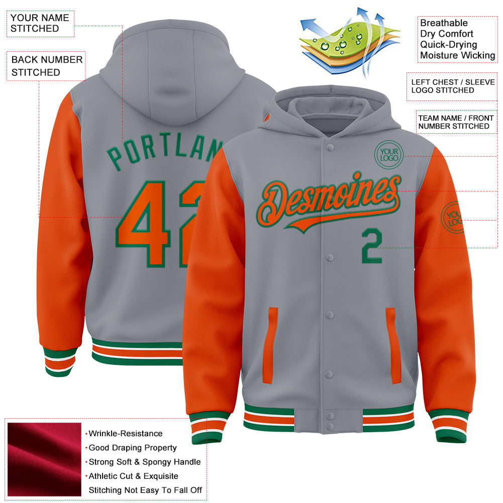 Custom Gray Orange-Kelly Green Bomber Full-Snap Varsity Letterman Two Tone Hoodie Jacket view 3