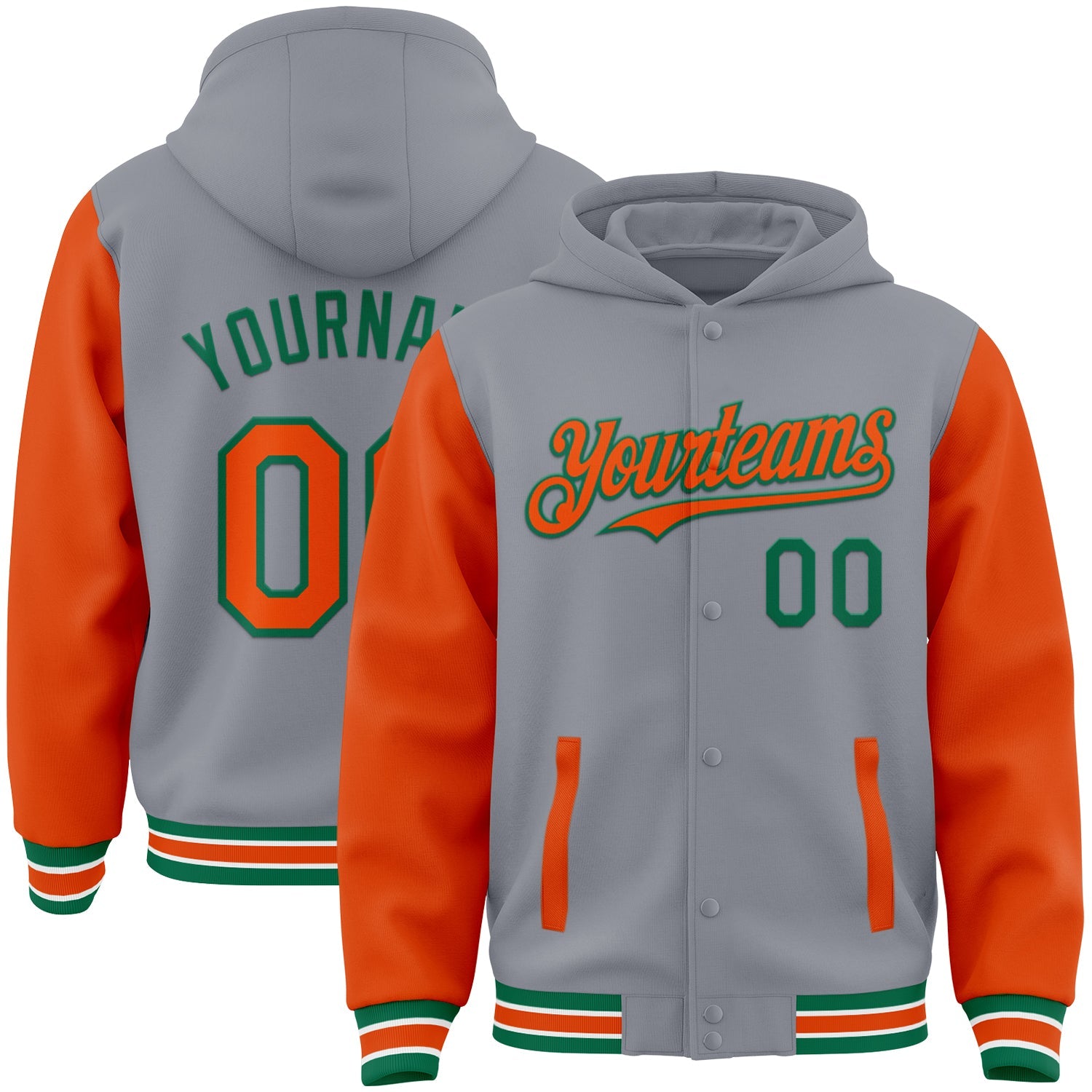 Custom Gray Orange-Kelly Green Bomber Full-Snap Varsity Letterman Two Tone Hoodie Jacket - Main View