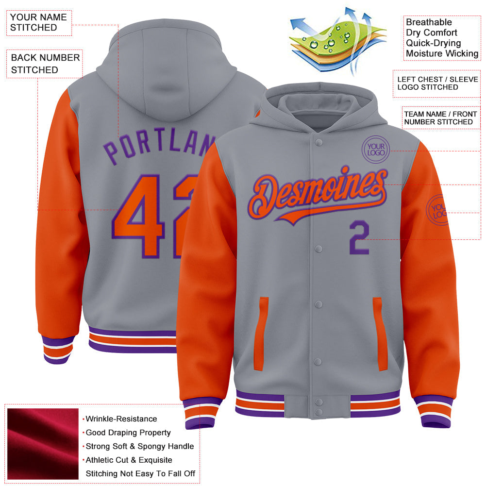 Custom Gray Orange-Purple Bomber Full-Snap Varsity Letterman Two Tone Hoodie Jacket view 3