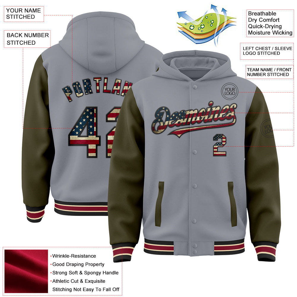 Custom Gray Vintage USA Flag Olive Black City Cream-Crimson Bomber Full-Snap Varsity Letterman Two Tone Hoodie Jacket view 3