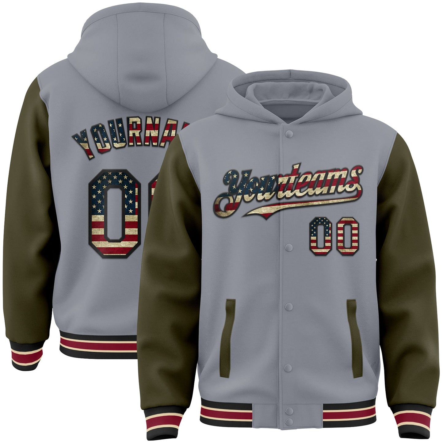 Custom Gray Vintage USA Flag Olive Black City Cream-Crimson Bomber Full-Snap Varsity Letterman Two Tone Hoodie Jacket - Main View