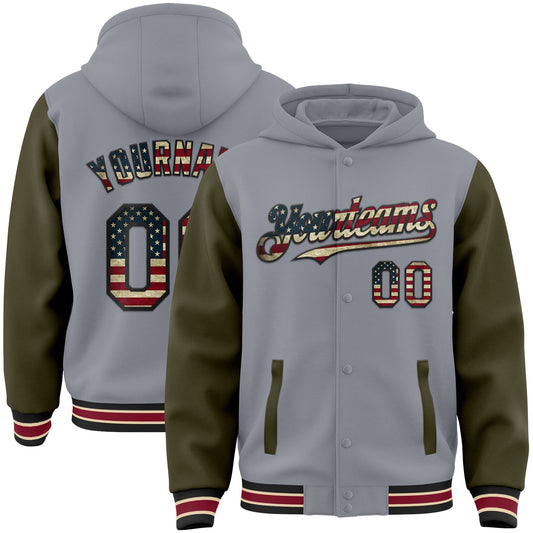 Custom Gray Vintage USA Flag Olive Black City Cream-Crimson Bomber Full-Snap Varsity Letterman Two Tone Hoodie Jacket - Main View