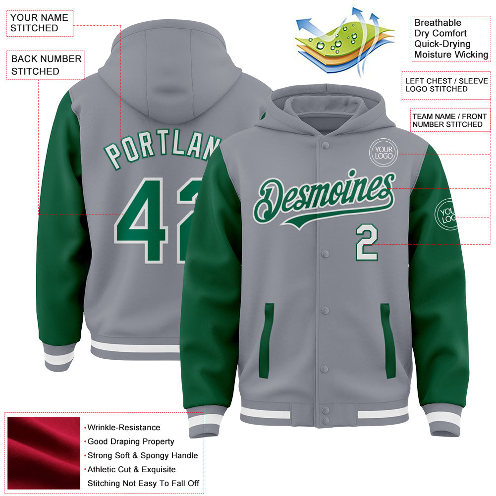 Custom Gray Kelly Green-White Bomber Full-Snap Varsity Letterman Two Tone Hoodie Jacket view 3