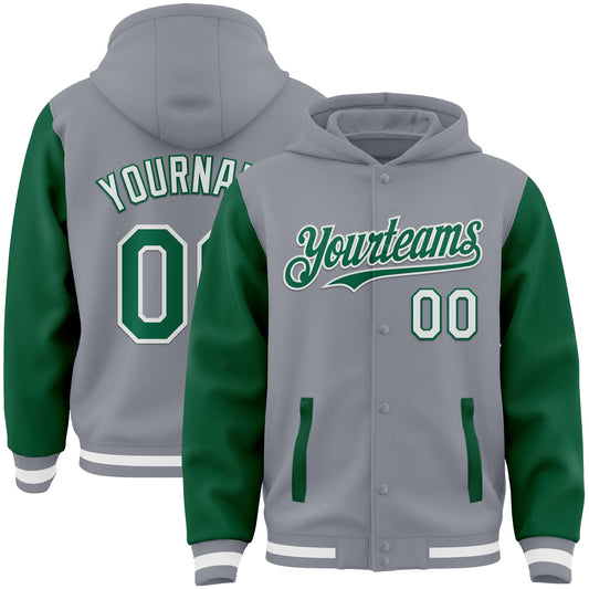 Custom Gray Kelly Green-White Bomber Full-Snap Varsity Letterman Two Tone Hoodie Jacket - Main View