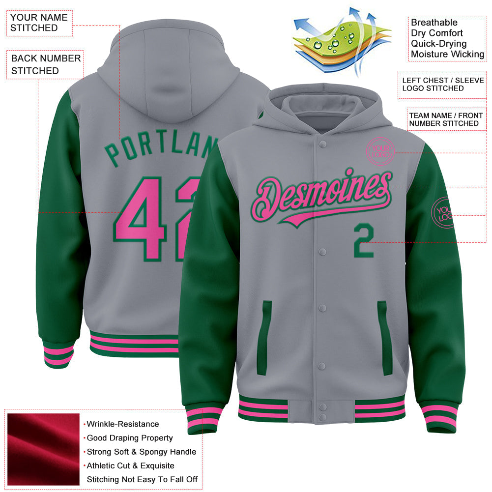 Custom Gray Pink-Kelly Green Bomber Full-Snap Varsity Letterman Two Tone Hoodie Jacket view 3