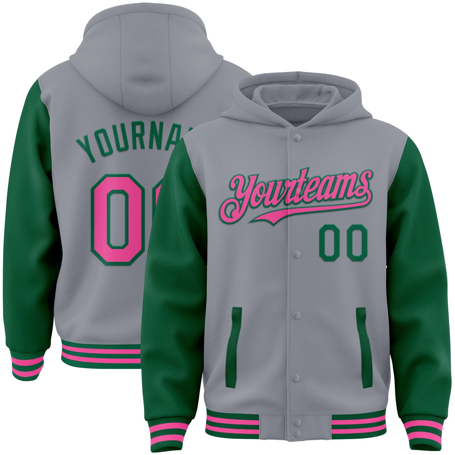 Custom Gray Pink-Kelly Green Bomber Full-Snap Varsity Letterman Two Tone Hoodie Jacket - Main View