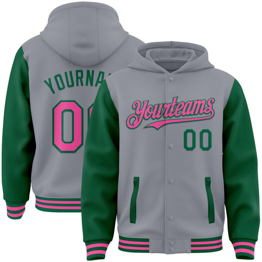 Custom Gray Pink-Kelly Green Bomber Full-Snap Varsity Letterman Two Tone Hoodie Jacket - Main View
