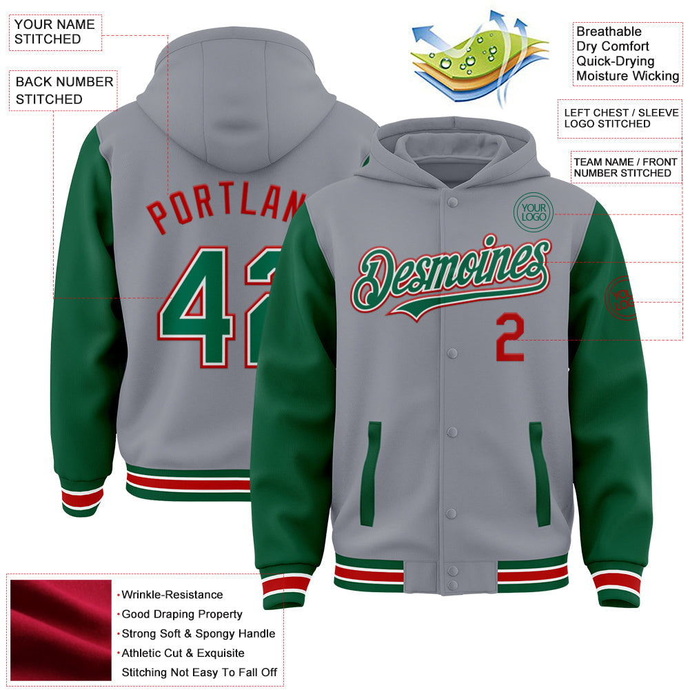Custom Gray Kelly Green-Red Bomber Full-Snap Varsity Letterman Two Tone Hoodie Jacket view 3
