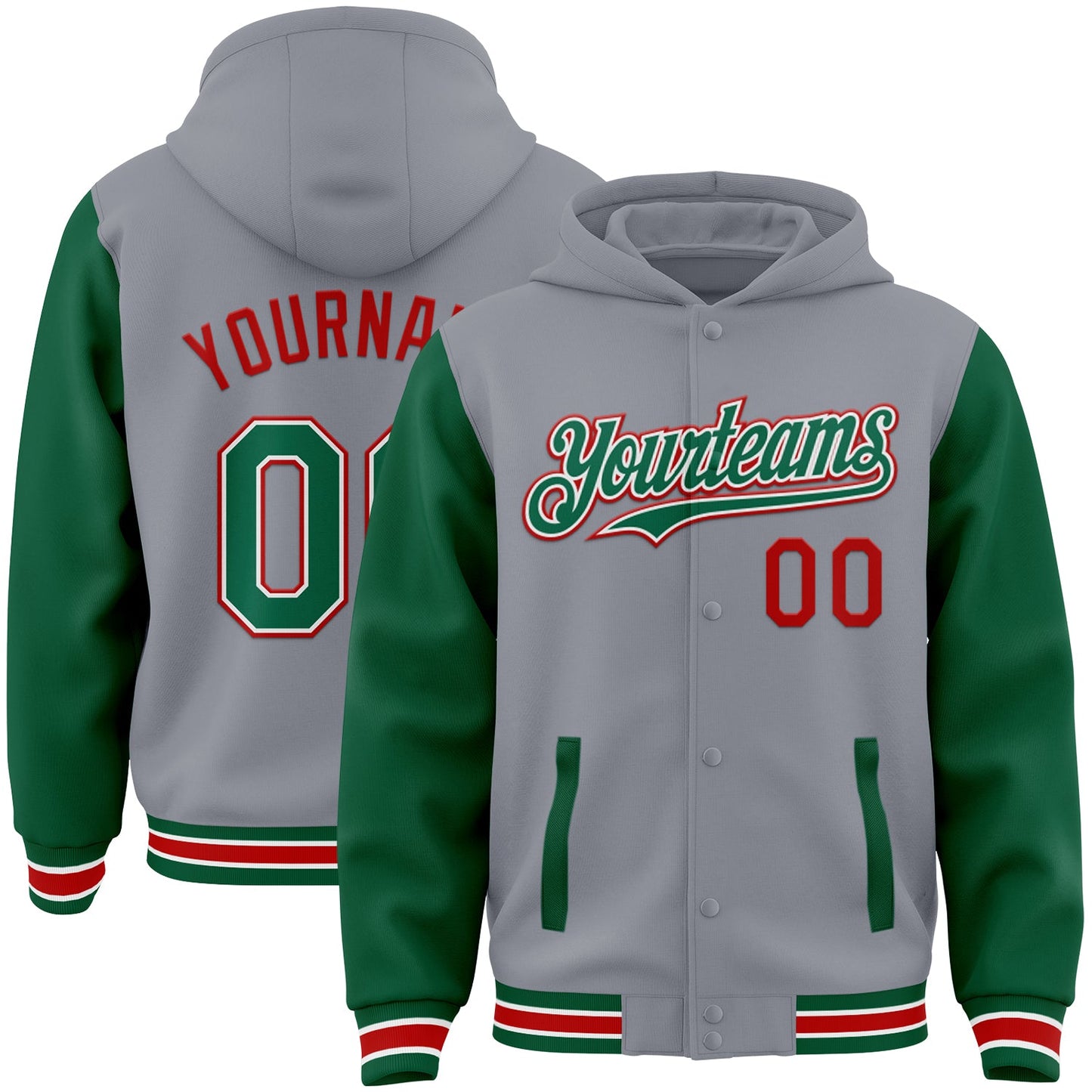 Custom Gray Kelly Green-Red Bomber Full-Snap Varsity Letterman Two Tone Hoodie Jacket - Main View