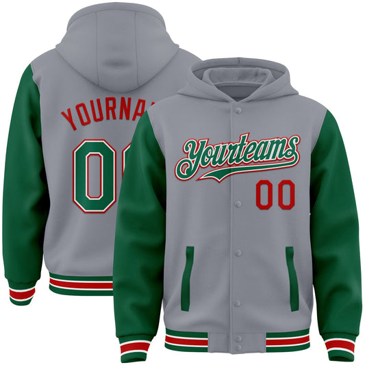 Custom Gray Kelly Green-Red Bomber Full-Snap Varsity Letterman Two Tone Hoodie Jacket - Main View
