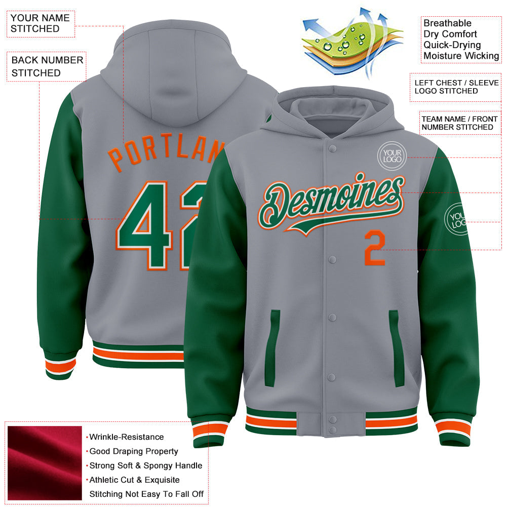 Custom Gray Kelly Green-Orange Bomber Full-Snap Varsity Letterman Two Tone Hoodie Jacket view 3