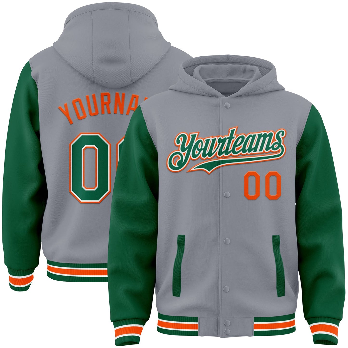 Custom Gray Kelly Green-Orange Bomber Full-Snap Varsity Letterman Two Tone Hoodie Jacket - Main View